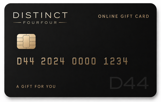 A black Distinct Fourfour online gift card with gold lettering and a gold chip illustration, shown on a plain white background.