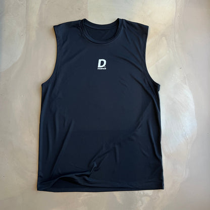 Black sleeveless tank with a logo on a light concrete surface