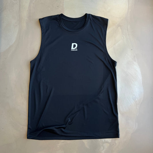Black sleeveless tank with a logo on a light concrete surface